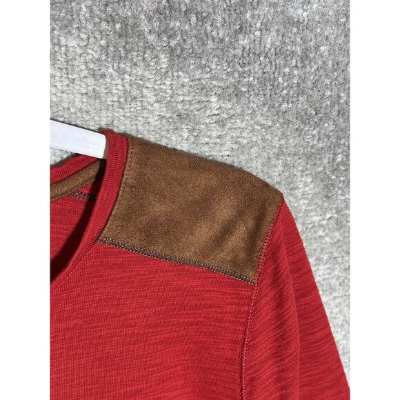 LRL Ralph Lauren Henley Top Womens Size XL Red Slub‎ Knit Brown Faux Suede Trim - Picture 4 of 7